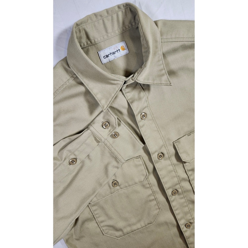 Carhartt Mens Tan Khaki Twill Long Sleeve Button Up Work Shirt Utility Pocket S